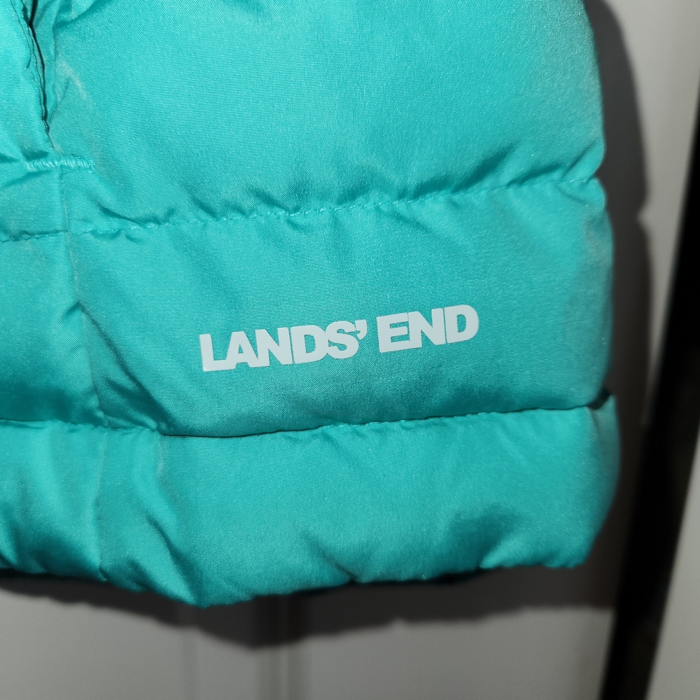 Lands End Teal Green Down Filled Puffer Vest Zip Front Size M Snap Pockets Warm - Picture 6 of 12